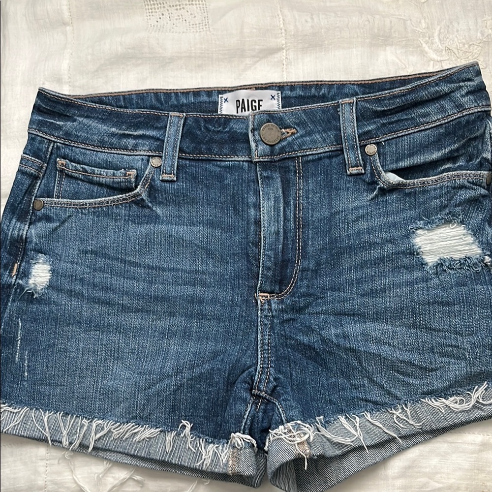 PAIGE Blue Distressed Jean Shorts